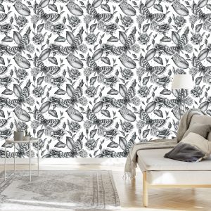 Papier Peint Roses Noires Et Blanches Avec Des Papillons – Image 3