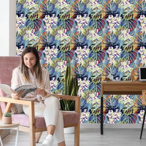 Papier Peint Feuilles De Monstera Avec Des Fleurs – Image 7