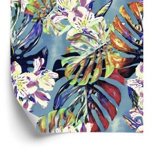 Papier Peint Feuilles De Monstera Avec Des Fleurs – Image 2