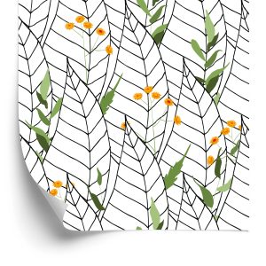 Papier Peint Feuilles Blanches Avec Des Fleurs – Image 2