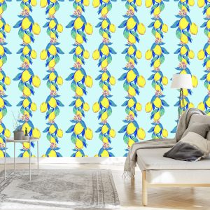 Papier Peint Citrons Avec Des Feuilles Et Des Fleurs – Image 3