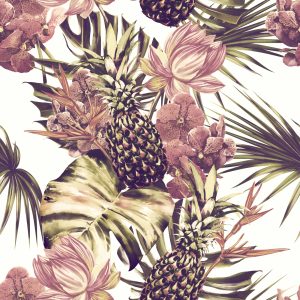 Papier Peint Ananas Avec Feuilles Et Fleurs De Monstera – Image 1