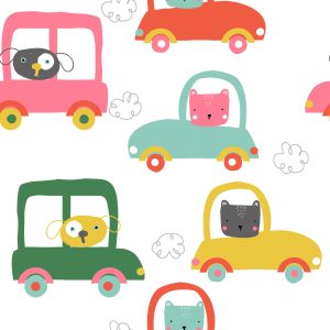 Papier Peint Pour Les Enfants - Animaux Drôles Et Petites Voitures – Image 1
