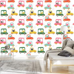 Papier Peint Pour Les Enfants - Animaux Drôles Et Petites Voitures – Image 3