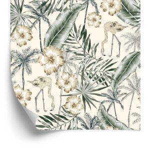 Papier Peint Flamants Roses Avec Des Feuilles De Palmier – Image 2