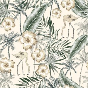 Papier Peint Flamants Roses Avec Des Feuilles De Palmier – Image 1