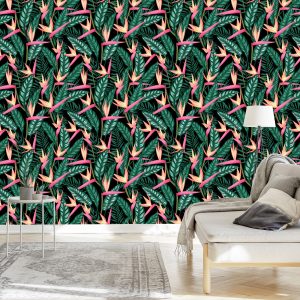 Papier Peint Fleurs Tropicales Avec Des Feuilles De Palmier – Image 3
