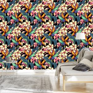 Papier Peint Feuilles Tropicales Avec Des Fleurs – Image 3