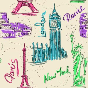 Papier Peint Symboles Des Villes Touristiques Célèbres – Image 1