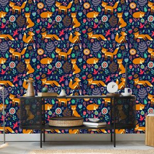 Papier Peint Renards Avec Des Fleurs Dans Le Style Folklorique – Image 5