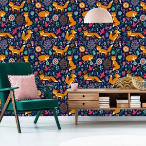 Papier Peint Renards Avec Des Fleurs Dans Le Style Folklorique – Image 6
