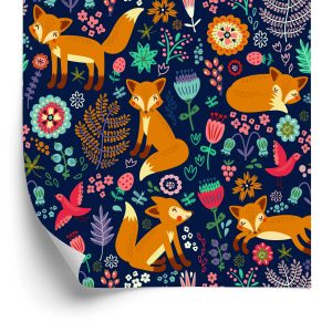 Papier Peint Renards Avec Des Fleurs Dans Le Style Folklorique – Image 2