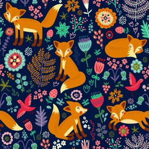 Papier Peint Renards Avec Des Fleurs Dans Le Style Folklorique – Image 1