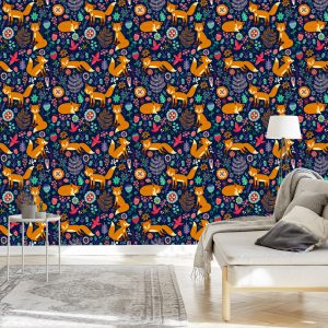 Papier Peint Renards Avec Des Fleurs Dans Le Style Folklorique – Image 3