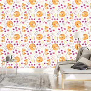 Papier Peint Petits Renards Avec Des Fleurs – Image 3