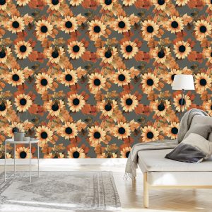 Papier Peint Tournesols Peints Avec Des Feuilles – Image 3