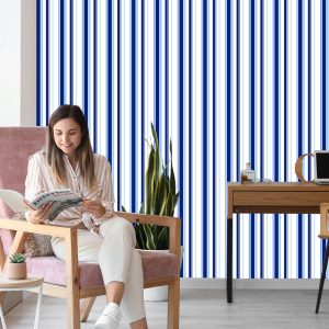 Papier Peint Bleu - Rayures Verticales Blanches – Image 7