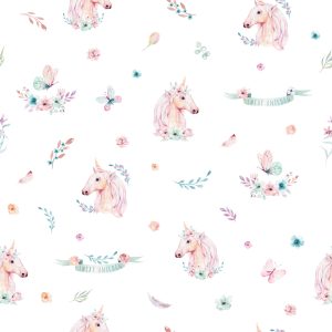 Papier Peint Licornes Parmi Les Fleurs Et Les Papillons – Image 1