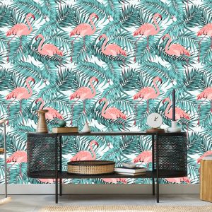Papier Peint Feuilles Avec Flamants Roses – Image 5