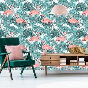 Papier Peint Feuilles Avec Flamants Roses – Image 6