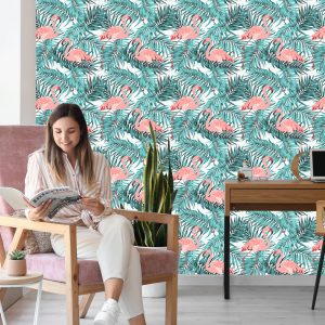 Papier Peint Feuilles Avec Flamants Roses – Image 7