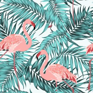 Papier Peint Feuilles Avec Flamants Roses – Image 1