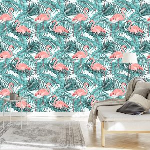 Papier Peint Feuilles Avec Flamants Roses – Image 3
