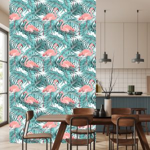 Papier Peint Feuilles Avec Flamants Roses – Image 4
