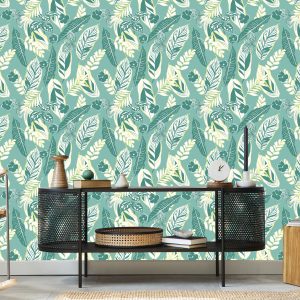 Papier Peint Motif Bleu Avec Des Feuilles Et Des Fleurs – Image 5