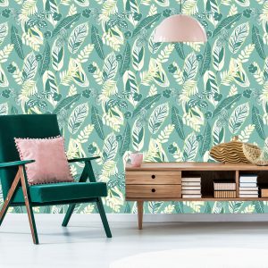 Papier Peint Motif Bleu Avec Des Feuilles Et Des Fleurs – Image 6