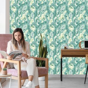 Papier Peint Motif Bleu Avec Des Feuilles Et Des Fleurs – Image 7