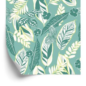 Papier Peint Motif Bleu Avec Des Feuilles Et Des Fleurs – Image 2