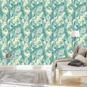 Papier Peint Motif Bleu Avec Des Feuilles Et Des Fleurs – Image 3