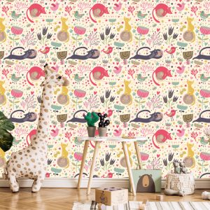 Papier Peint Pour Les Enfants - Chatons Colorés, Oiseaux Et Plantes – Image 5