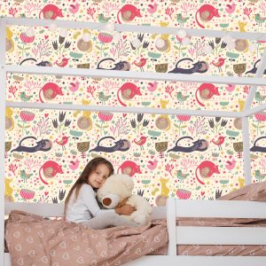 Papier Peint Pour Les Enfants - Chatons Colorés, Oiseaux Et Plantes – Image 7