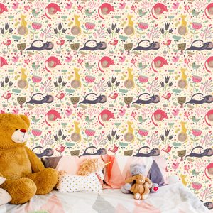 Papier Peint Pour Les Enfants - Chatons Colorés, Oiseaux Et Plantes – Image 6