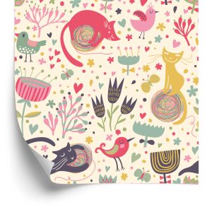 Papier Peint Pour Les Enfants - Chatons Colorés, Oiseaux Et Plantes – Image 2