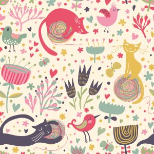 Papier Peint Pour Les Enfants - Chatons Colorés, Oiseaux Et Plantes – Image 1