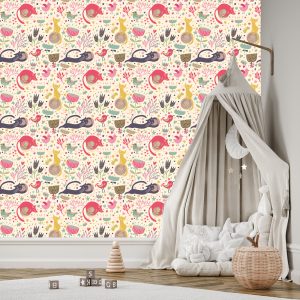 Papier Peint Pour Les Enfants - Chatons Colorés, Oiseaux Et Plantes – Image 3