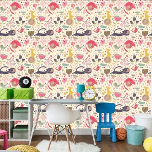 Papier Peint Pour Les Enfants - Chatons Colorés, Oiseaux Et Plantes – Image 4