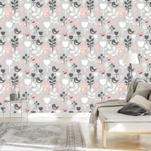 Papier Peint Renards Avec Fleurs Et Oiseaux – Image 3