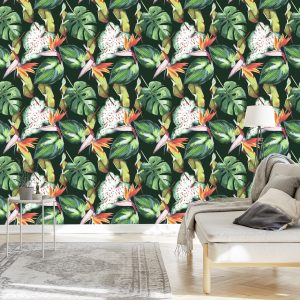 Papier Peint Fleurs Paradisiaques Et Feuilles Tropicales – Image 3