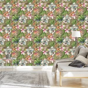 Papier Peint Fleurs Paradisiaques, Feuilles De Palmier Et Monstera – Image 3