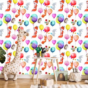 Papier Peint Pour Les Enfants - Animaux De La Forêt Et Ballons – Image 5