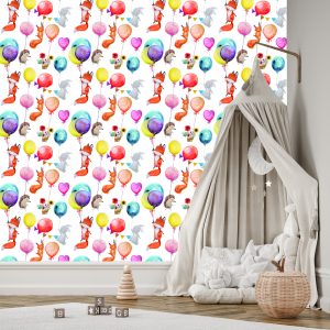 Papier Peint Pour Les Enfants - Animaux De La Forêt Et Ballons – Image 3
