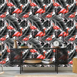 Papier Peint Flamants Roses Et Feuilles Exotiques Noires – Image 5