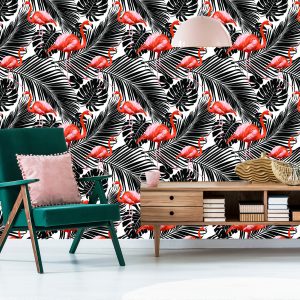 Papier Peint Flamants Roses Et Feuilles Exotiques Noires – Image 6