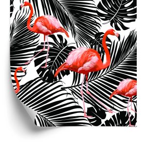 Papier Peint Flamants Roses Et Feuilles Exotiques Noires – Image 2