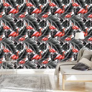Papier Peint Flamants Roses Et Feuilles Exotiques Noires – Image 3