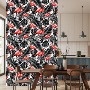 Papier Peint Flamants Roses Et Feuilles Exotiques Noires – Image 4